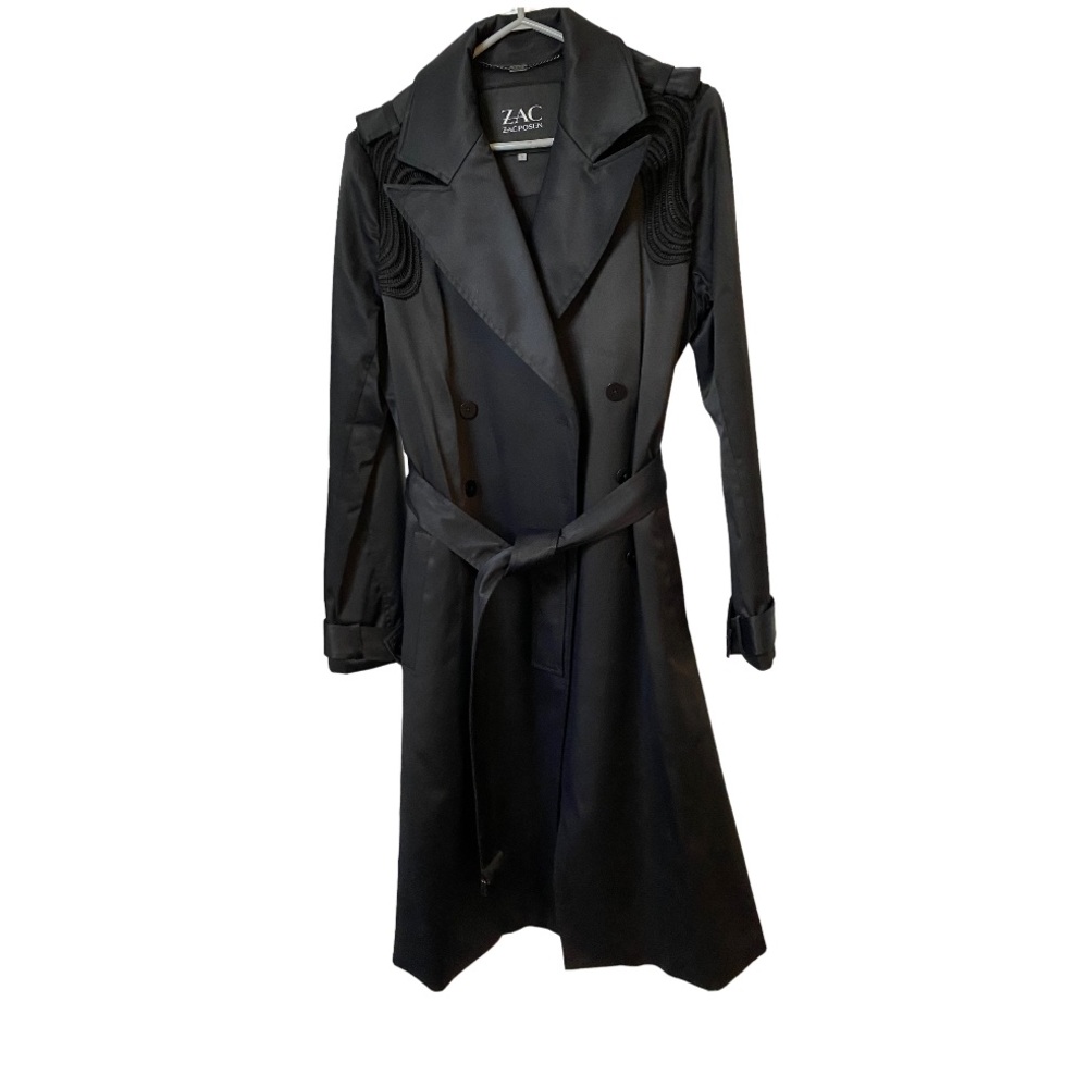 Zac Posen black trench coat, stunning detail on shoulders and the back, size L